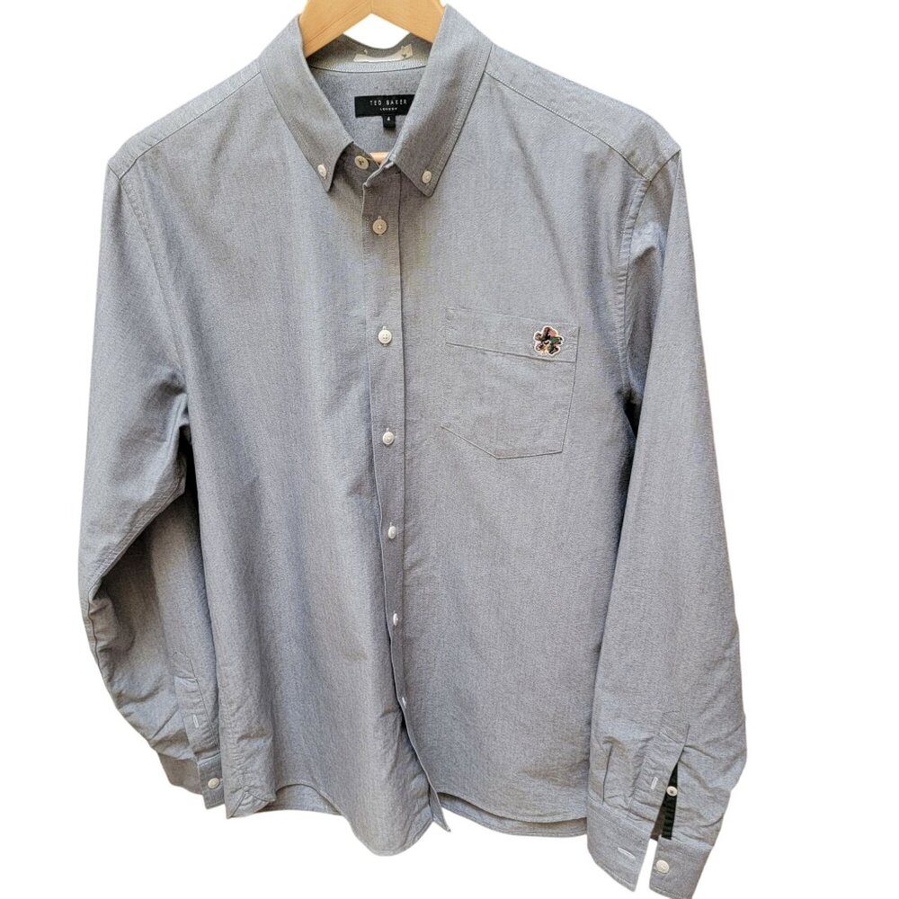 Ted Baker Mens Button-Up Shirt Gray Long Sleeve Oxford Style W/ Embroidered Logo